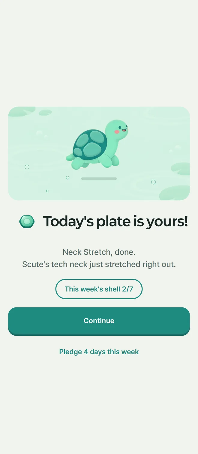 Shellog class complete screen. Today's plate earned, and this week's shell at 2 of 7.