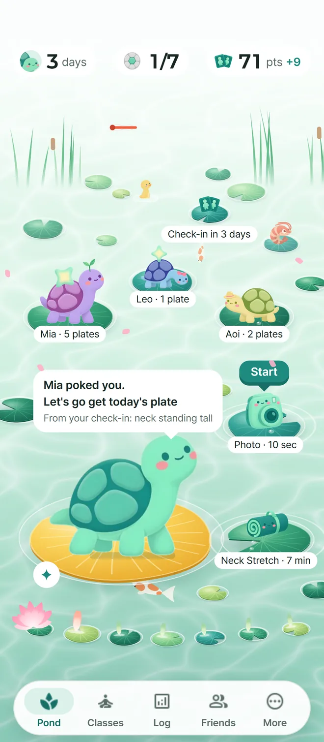 Shellog home screen. Three friends' turtles share the pond, a greeting says a friend poked you, and your own turtle stands on a gold lily pad.