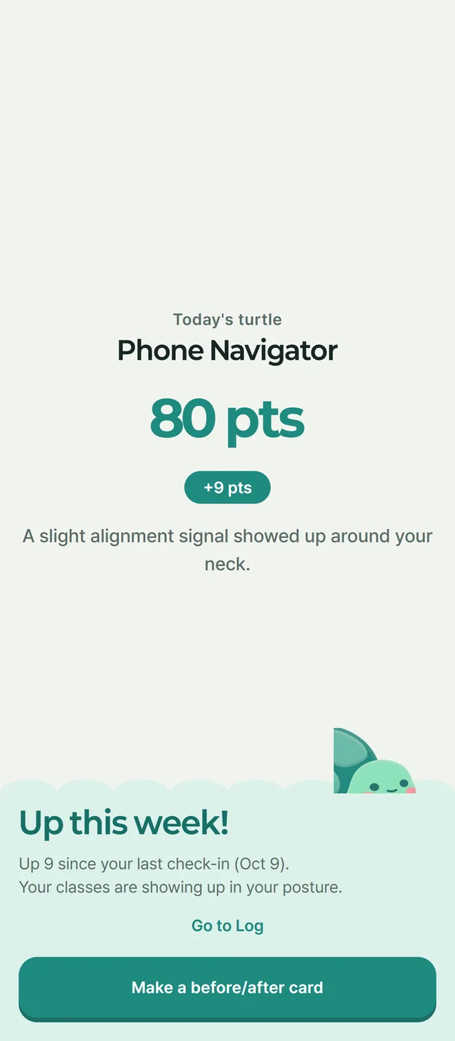 Shellog check-in result screen. A score of 80, up 9 since the last check-in.